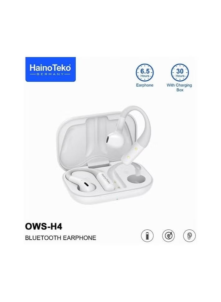 Haino Teko OWS-H4 OpenFit Bluetooth Earphones – HD Sound, Noise Cancellation, Touch Controls, Long Battery Life, Open-Ear Comfort, Wireless Headset for Calls, Music & Daily Use – White - Image 4
