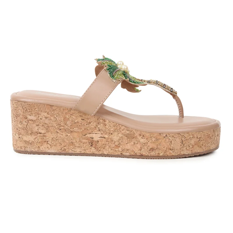 Sandal Stories Beige Tropical Tree Wedges for Women