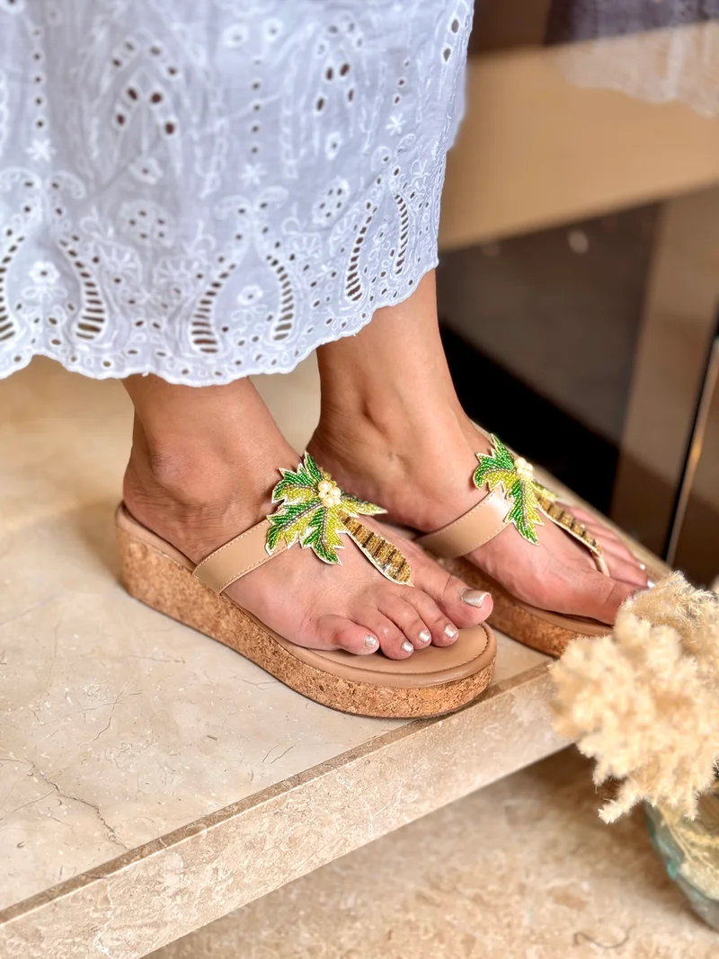 Sandal Stories Beige Tropical Tree Wedges for Women