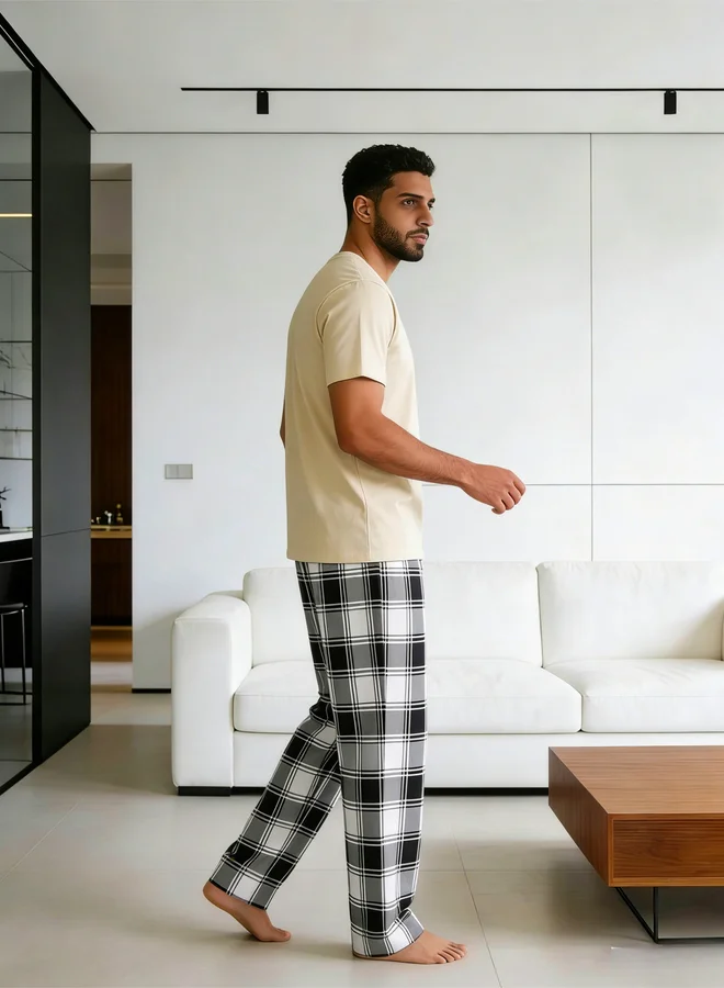 Take Two Beige Men Round Neck T-Shirt and Checked Pants Set for Men | Best Price UAE