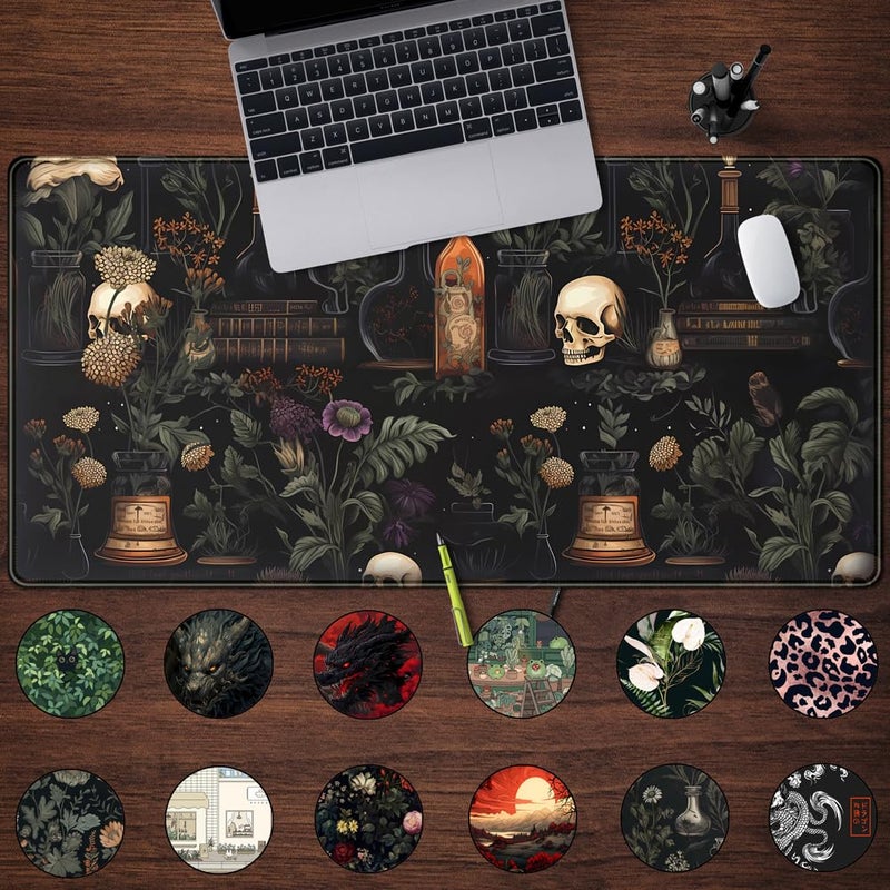 Mechanical Cattle Vintage Aesthetic XL Extended Large Gaming Mouse Pad - Black Academia Mystical Green Plant Design - Computer Laptop Keyboard and Mouse Mat Desktop Protector - 31.5 x 15.8 in - Image 2