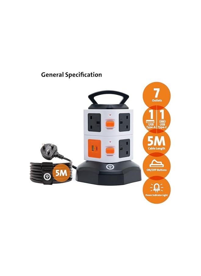 Smart Design Solutions Smart Design Solutions Extension Cord: Extra-Long Power Cable (5-15m), Extension Plug with USB, USB-C Ports, Electrical Plug, Multi-socket Surge Protector and Type-C Charger (5m)  - Image 1