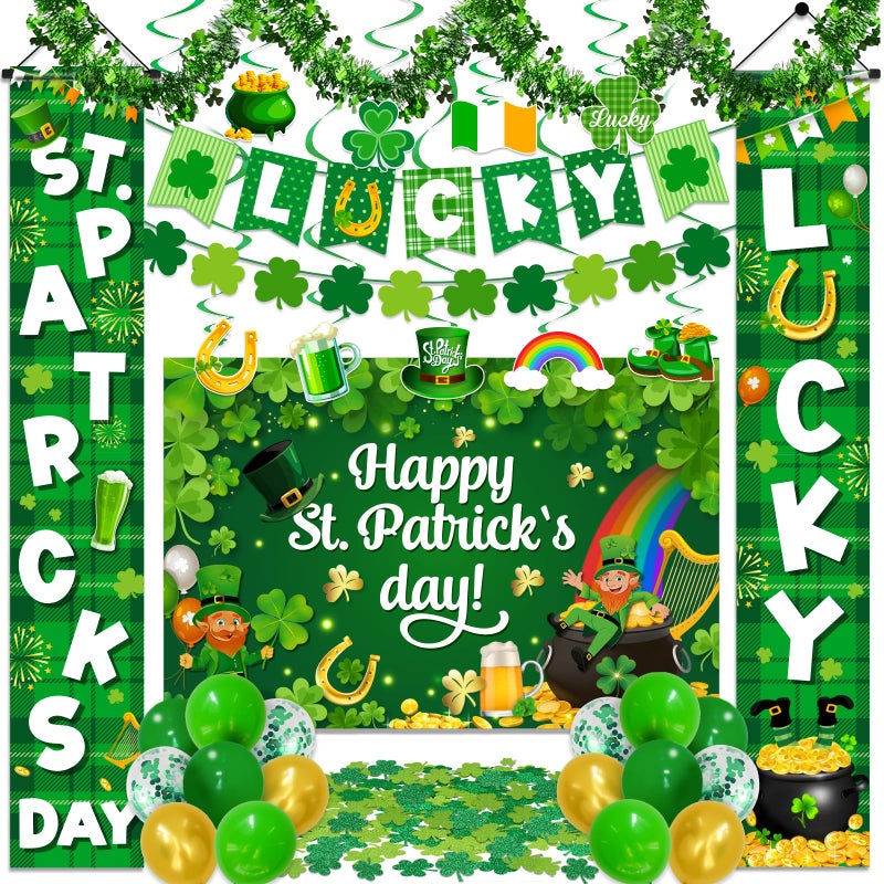 TEMYAXU St Patricks Day Decorations Saint Patricks Day Decorations includes Lucky Banner Shamrock Garland Hanging Swirs and St Patricks Day Porch Sign for St Patricks Day Decorations for Office Home Outdoor - Image 2