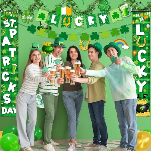 TEMYAXU St Patricks Day Decorations Saint Patricks Day Decorations includes Lucky Banner Shamrock Garland Hanging Swirs and St Patricks Day Porch Sign for St Patricks Day Decorations for Office Home Outdoor - Image 3