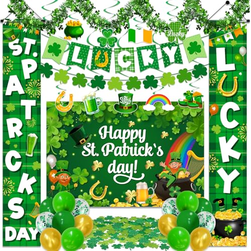 TEMYAXU St Patricks Day Decorations Saint Patricks Day Decorations includes Lucky Banner Shamrock Garland Hanging Swirs and St Patricks Day Porch Sign for St Patricks Day Decorations for Office Home Outdoor - Image 1