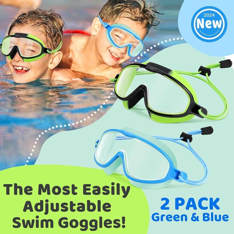 BIGTHREE® Kids-Swim-Goggles with Elastic Fabric Strap, 2 Pcs Swimming Mask Pool Goggle, Wide View Anti Fog UV for 3-15 Toddlers Girls Boys - Image 2