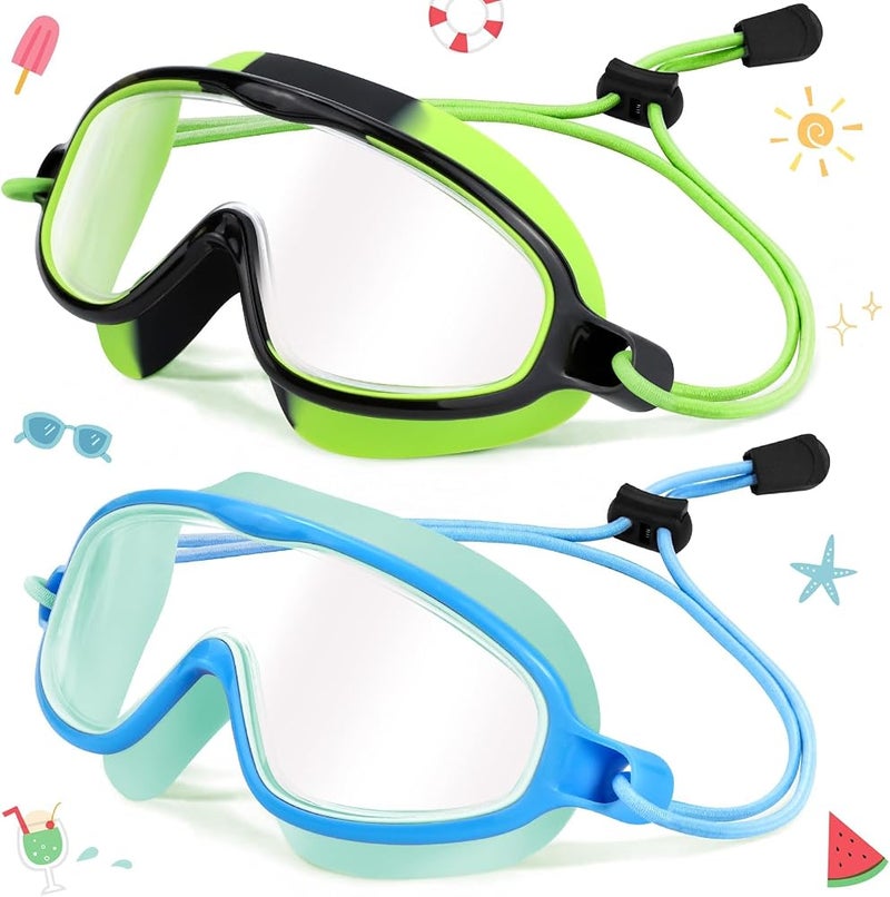 BIGTHREE® Kids-Swim-Goggles with Elastic Fabric Strap, 2 Pcs Swimming Mask Pool Goggle, Wide View Anti Fog UV for 3-15 Toddlers Girls Boys - Image 1