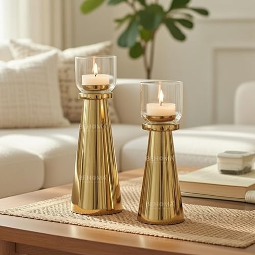 Behoma Handcrafted Golden Tea Light Candle Holders Set of 2 | Premium Metal & Glass Candle Stand | Table Centerpiece for Living Room, Coffee Tables & Christmas Decor Gift (Candles Not Included) - Image 1