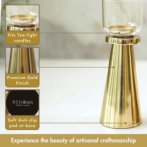 Behoma Handcrafted Golden Tea Light Candle Holders Set of 2 | Premium Metal & Glass Candle Stand | Table Centerpiece for Living Room, Coffee Tables & Christmas Decor Gift (Candles Not Included) - Image 4