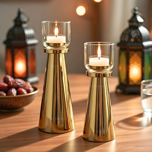 Behoma Handcrafted Golden Tea Light Candle Holders Set of 2 | Premium Metal & Glass Candle Stand | Table Centerpiece for Living Room, Coffee Tables & Christmas Decor Gift (Candles Not Included) - Image 2