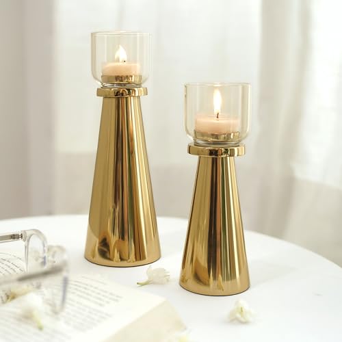 Behoma Handcrafted Golden Tea Light Candle Holders Set of 2 | Premium Metal & Glass Candle Stand | Table Centerpiece for Living Room, Coffee Tables & Christmas Decor Gift (Candles Not Included) - Image 3