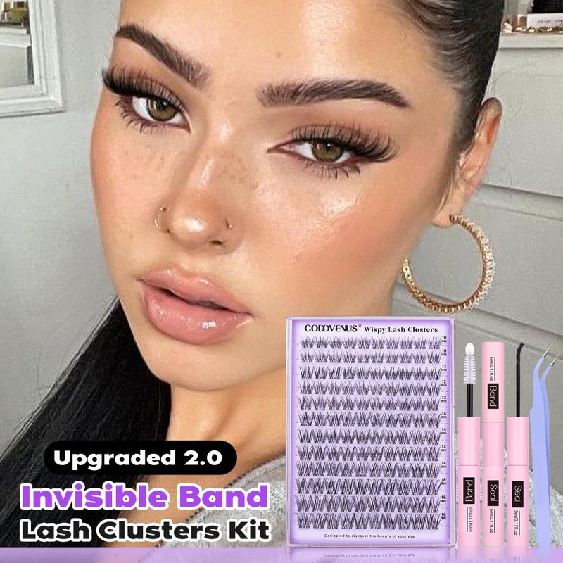 Goddvenus Invisible Band Lash Clusters Kit Wispy Natural Cluster Eyelash Extension Kit DIY Lash Extension Kit C Curl 10-16MM Eyelash Clusters Volume Individual Lashes Kit by Goddvenus - Image 4