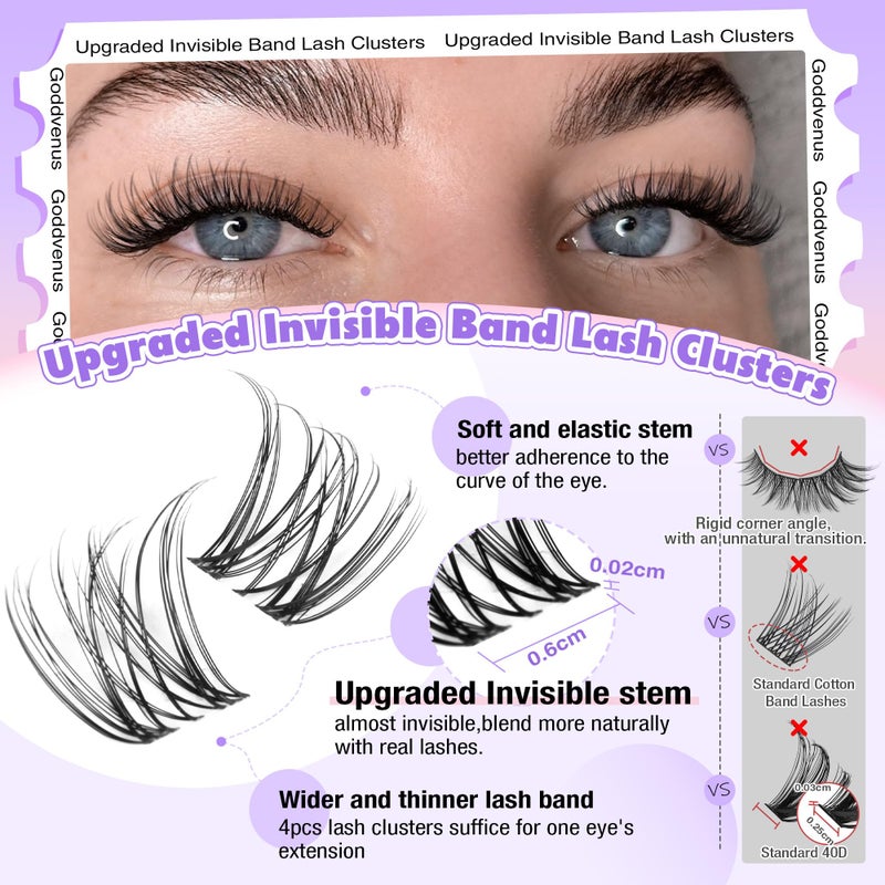 Goddvenus Invisible Band Lash Clusters Kit Wispy Natural Cluster Eyelash Extension Kit DIY Lash Extension Kit C Curl 10-16MM Eyelash Clusters Volume Individual Lashes Kit by Goddvenus - Image 3