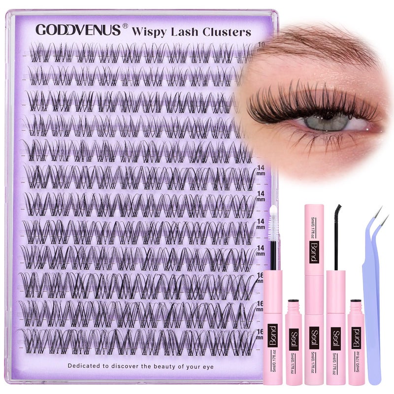 Goddvenus Invisible Band Lash Clusters Kit Wispy Natural Cluster Eyelash Extension Kit DIY Lash Extension Kit C Curl 10-16MM Eyelash Clusters Volume Individual Lashes Kit by Goddvenus - Image 1