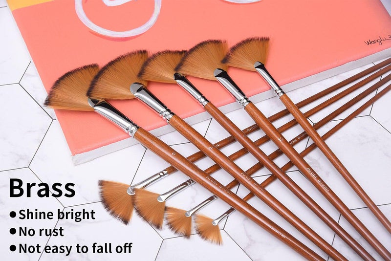 HOJIBOFA Artist Fan Paint Brushes Set,9 Pcs Professional Soft Anti-Shedding Fan Brush for Acrylic Oil Watercolor Gouache Painting Kits with Long Handle Nylon Hair - Image 4