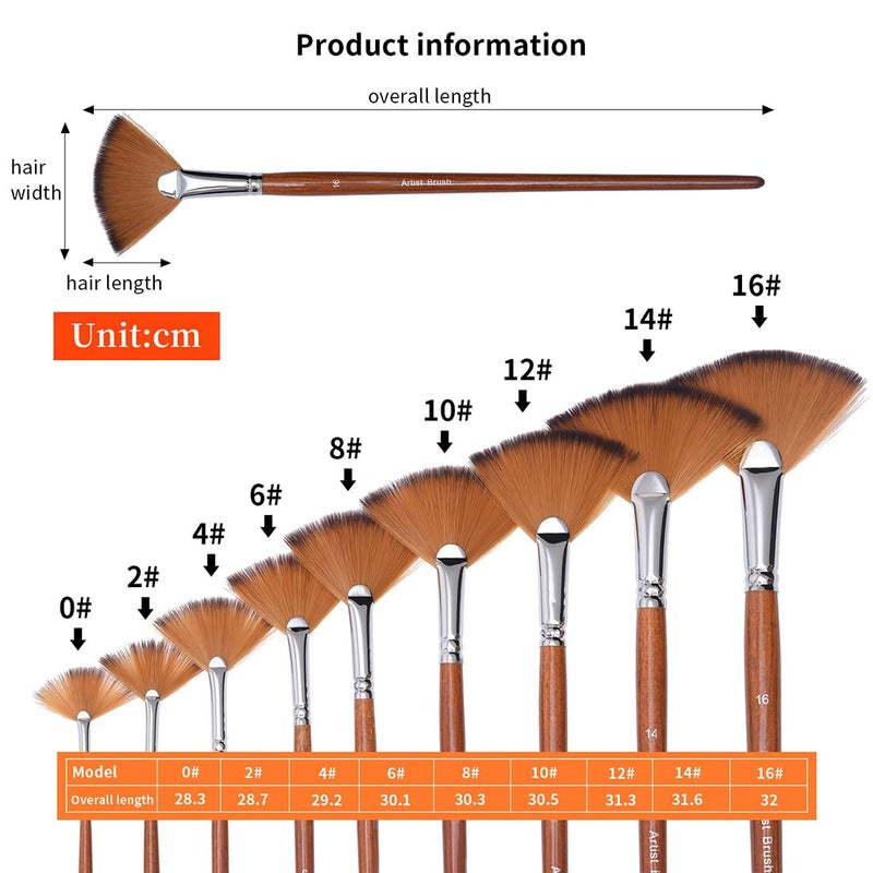 HOJIBOFA Artist Fan Paint Brushes Set,9 Pcs Professional Soft Anti-Shedding Fan Brush for Acrylic Oil Watercolor Gouache Painting Kits with Long Handle Nylon Hair - Image 5