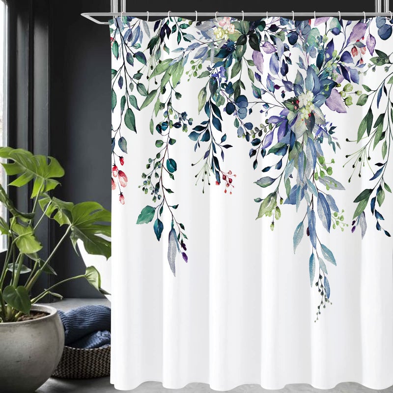 Gibelle Spring Floral Shower Curtain for Bathroom Watercolor Green Eucalyptus Leaves Plant Shower Curtain Set with Hooks Washable Polyester Fabric 72x72 Inch
