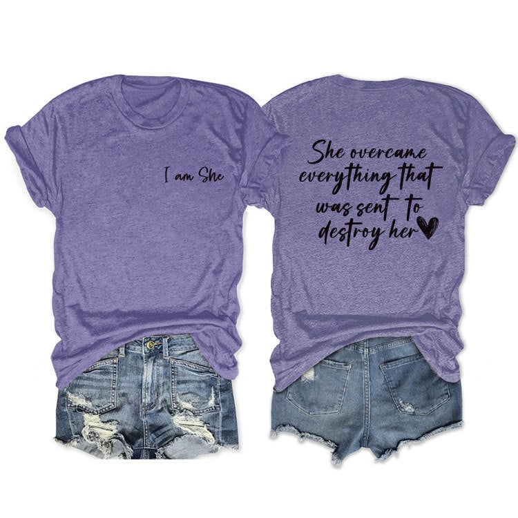 Double-Sided Printed Summer Round Neck Short Sleeve She Overcame Everthing Loose All-Match T-Shirt - Image 1