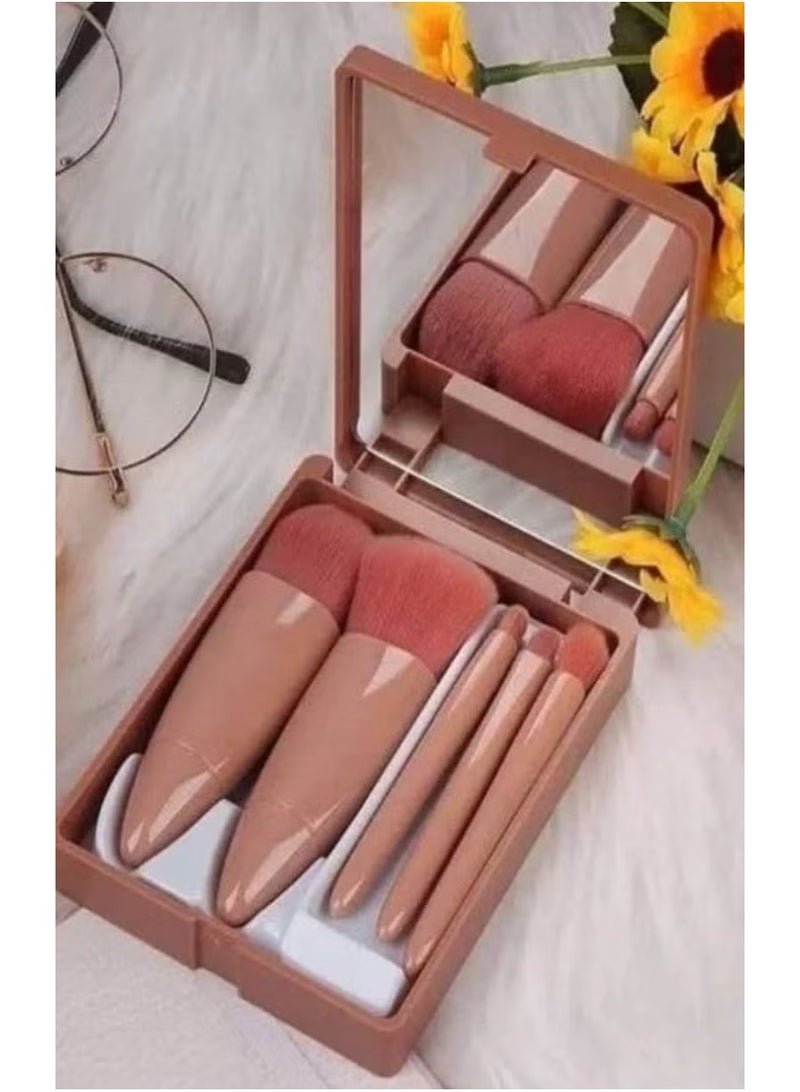 Portable 5-piece mini makeup brush set with mirror and case, soft fiber brushes for hair, powder, and eyeshadow, professional beauty tools - assorted colors