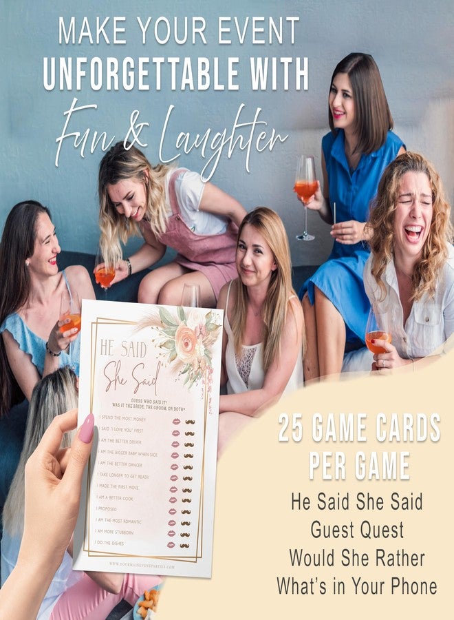 Your Main Event Prints Boho Bridal Shower Bachelorette Games - Floral Neutral Theme - He Said She Said, Find The Guest, Would She Rather, What's in Your Phone - 25 Games Each, 1 Game Per Side - Image 5
