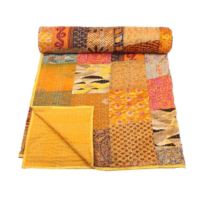HANDICRAFT SILK KANTHA QUILT KANTHA BED COVER HANDMADE KANTHA BEDSPREAD KANTHA BLANKET THROW02 QUEEN 90X108 INCHES DOUBLE BED