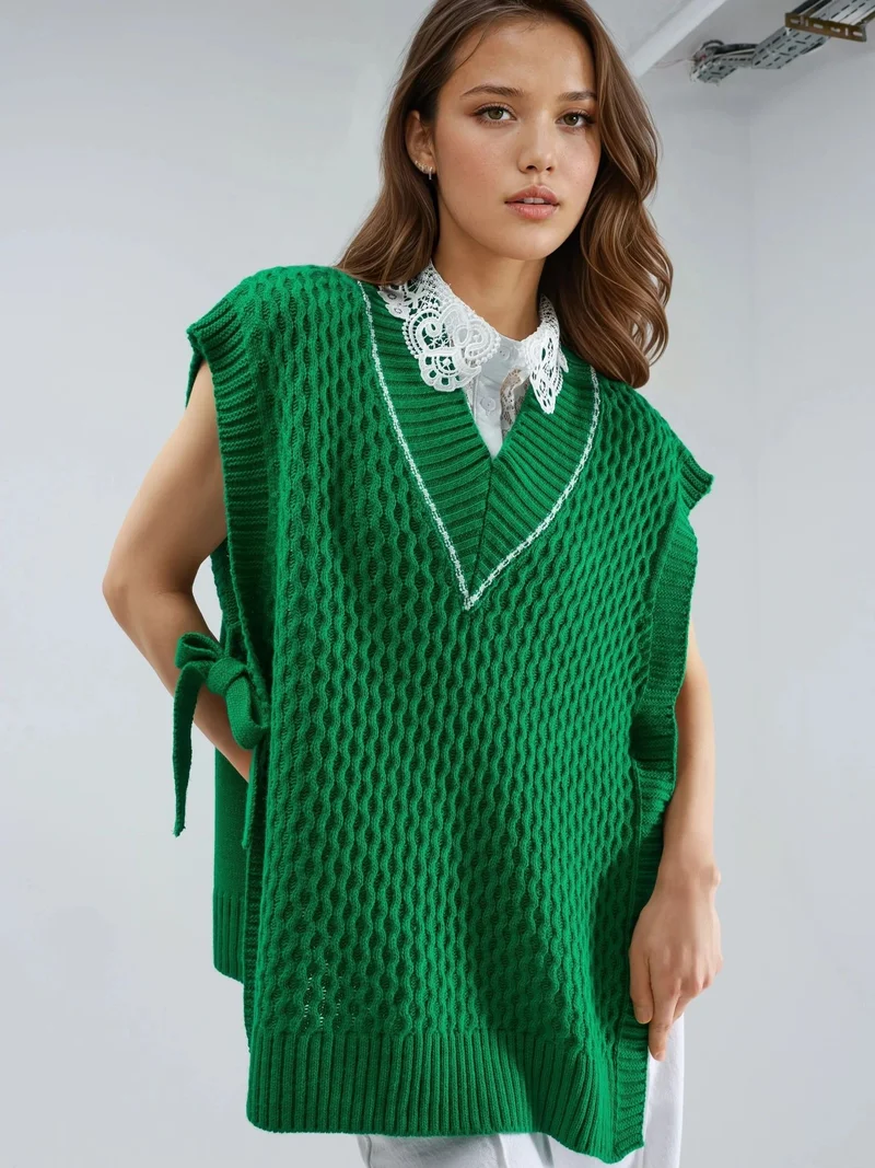 MY FASHION Patterned Sweater Vest with Tie Detail