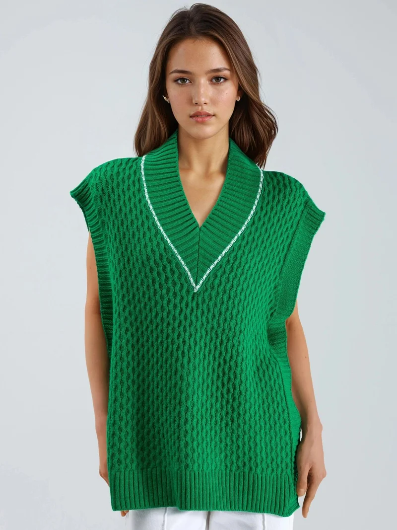 MY FASHION Green MY FASHION Patterned Sweater Vest with Tie Detail for Women | Best Price UAE