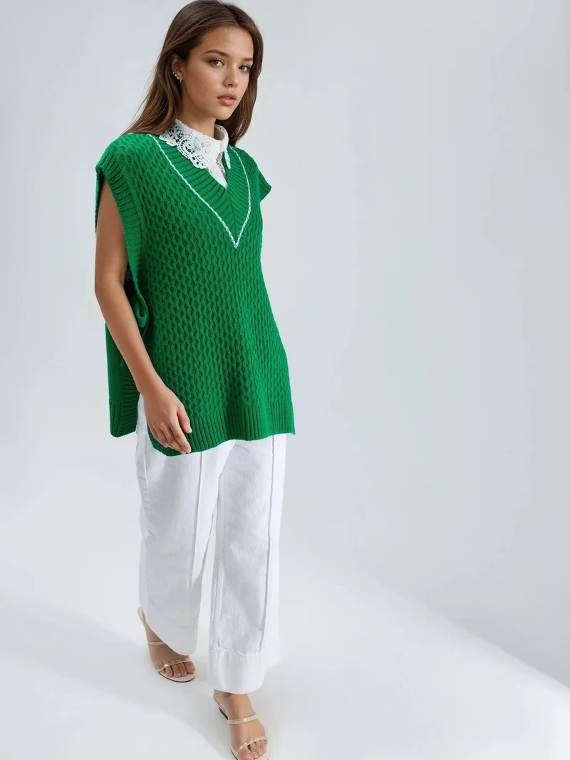 MY FASHION Green MY FASHION Patterned Sweater Vest with Tie Detail for Women | Best Price UAE