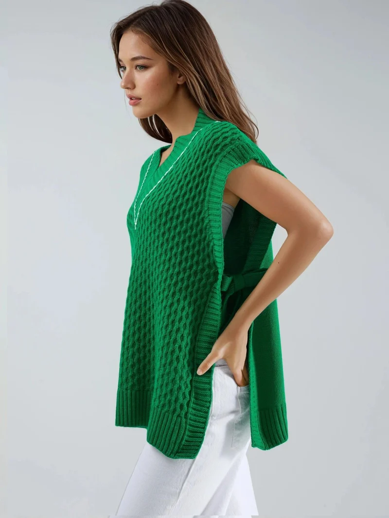 MY FASHION Green MY FASHION Patterned Sweater Vest with Tie Detail for Women | Best Price UAE