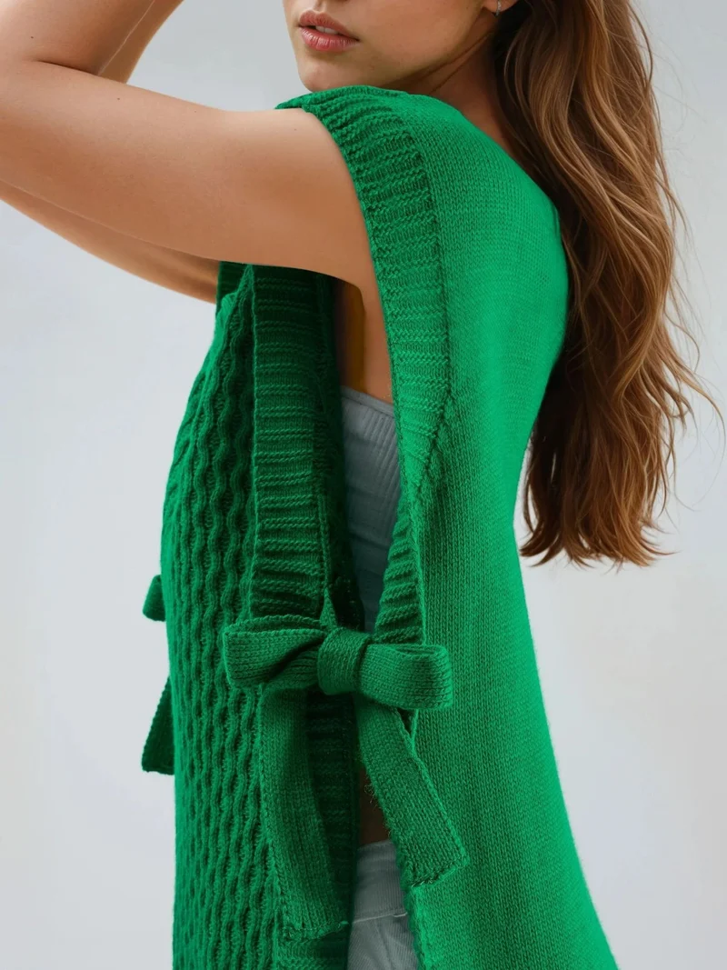 MY FASHION Green MY FASHION Patterned Sweater Vest with Tie Detail for Women | Best Price UAE
