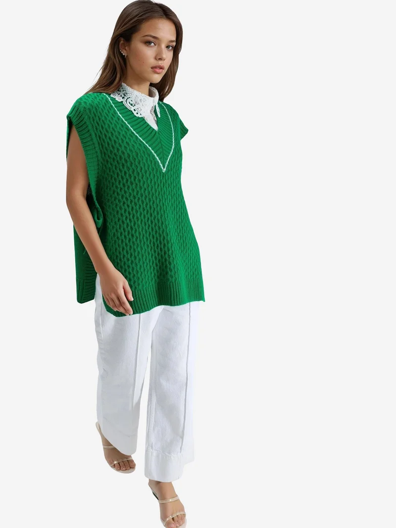 My Fashion Green MY FASHION Patterned Sweater Vest with Tie Detail for Women | Best Price UAE