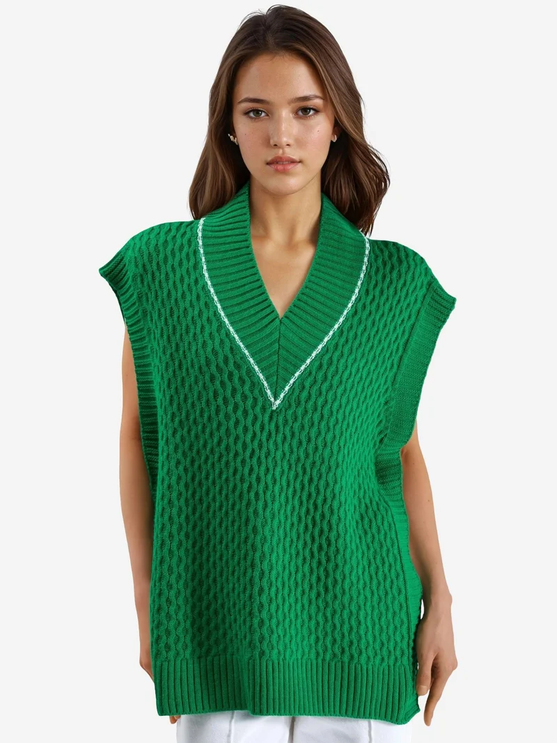 My Fashion Green MY FASHION Patterned Sweater Vest with Tie Detail for Women | Best Price UAE