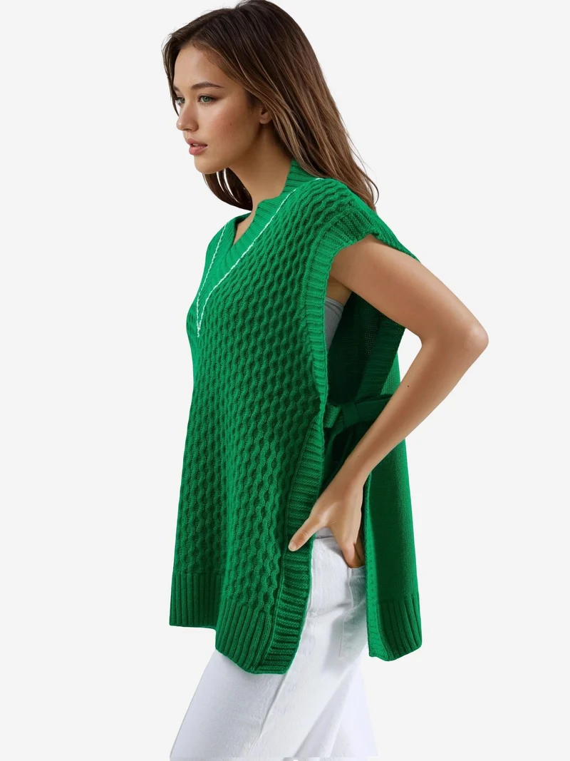 My Fashion Green MY FASHION Patterned Sweater Vest with Tie Detail for Women | Best Price UAE