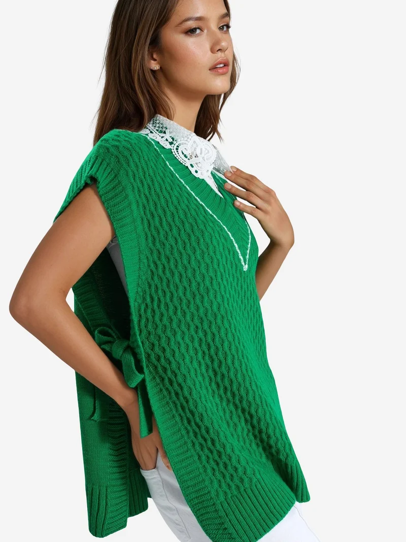 My Fashion Green MY FASHION Patterned Sweater Vest with Tie Detail for Women | Best Price UAE