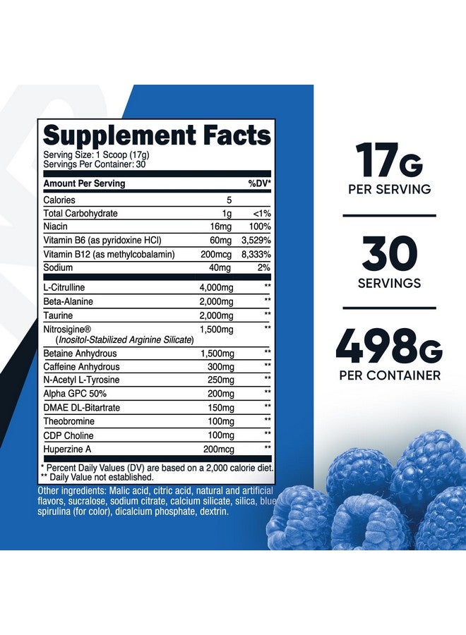 Nutricost Pre-X Xtreme Pre-Workout Powder Complex, Blue Raspberry, 30 Servings, Vegetarian, Non-GMO and Gluten Free - Image 1