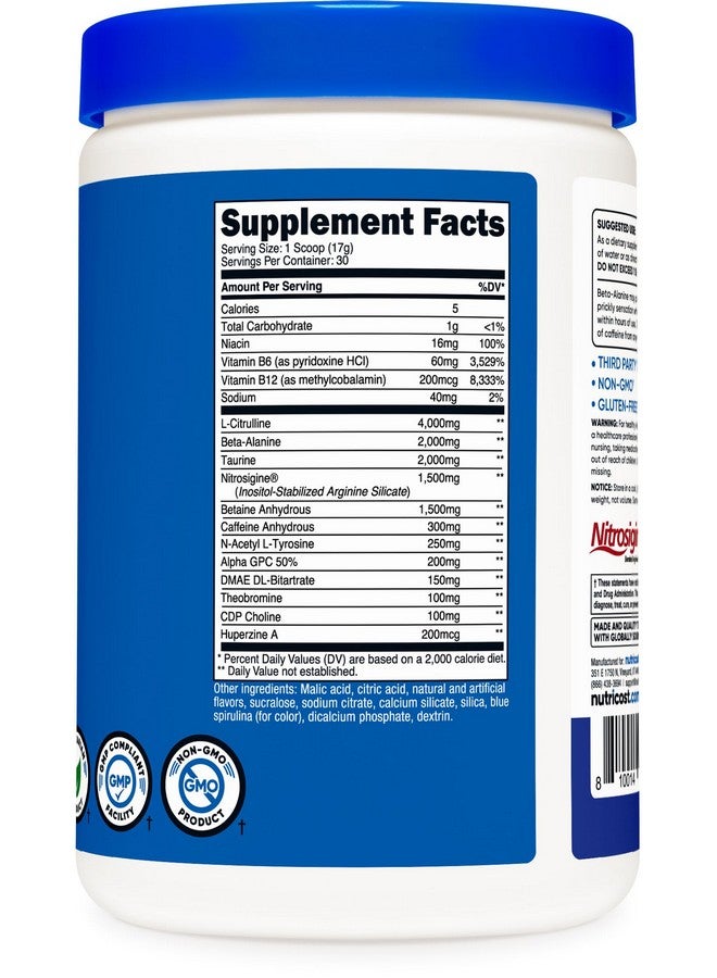 Nutricost Pre-X Xtreme Pre-Workout Powder Complex, Blue Raspberry, 30 Servings, Vegetarian, Non-GMO and Gluten Free - Image 4