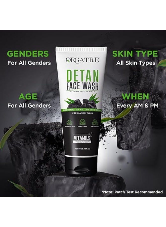 Orgatre Detan Face Wash for Tan Removal & Skin brightening | Bamboo Charcoal | Kojic Acid 100ml - Image 2