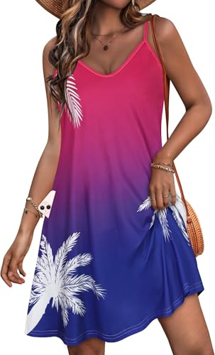 JOELLYUS Women Sundresses Summer Dresses Spaghetti Strap Dress Beach Cover Ups Backless Sundress(Pink Purple Coconut Tree, L) - Image 1