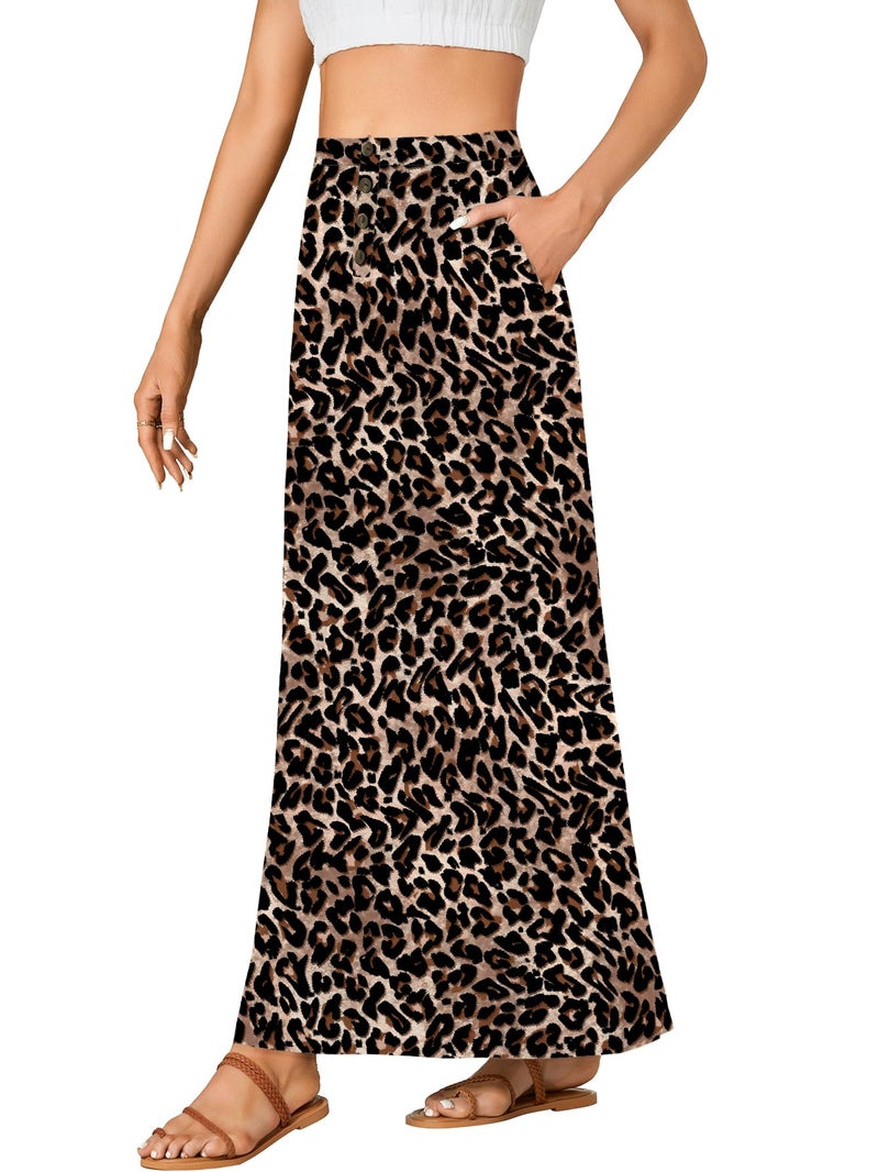 Rooscier Women's High Waist Button Front A-Line Long Maxi Skirt with Pockets Leopard Small - Image 4