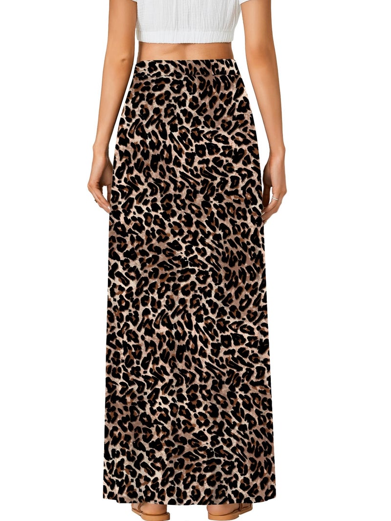 Rooscier Women's High Waist Button Front A-Line Long Maxi Skirt with Pockets Leopard Small - Image 2