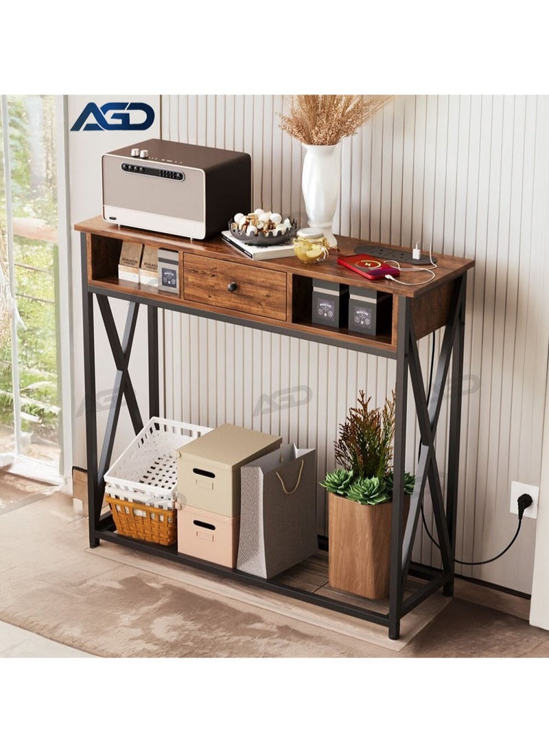 AGD - Console Entryway Table with Charging Station, Modern Coffee Corner with Storage Shelf and Power Outlet, Sofa Table for Entryway and Living Room, Brown - Image 1