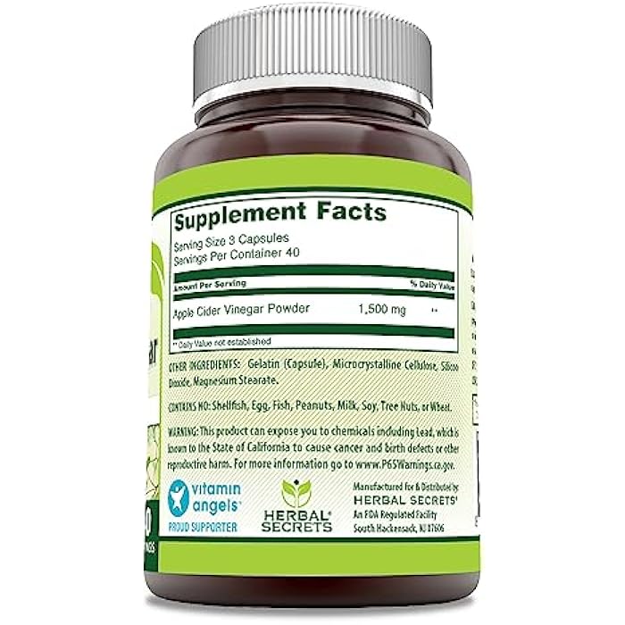 Herbal Secrets Apple Cider Vinegar Supplement | 1500 Mg Per Serving | 120 Capsules| Non-GMO | Gluten Free | Made in USA - Image 2