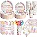 LOYIM 194 Pcs Ice Cream Birthday Party Decorations Supplies 24 Guest Disposable Dinnerware with Ice Cream Tablecloth Paper Plates Cup Napkin Plastic Fork Knives Spoon for Grow up Party Shower - Image 4