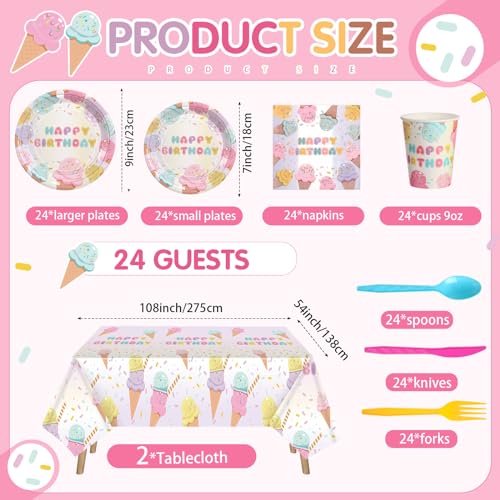 LOYIM 194 Pcs Ice Cream Birthday Party Decorations Supplies 24 Guest Disposable Dinnerware with Ice Cream Tablecloth Paper Plates Cup Napkin Plastic Fork Knives Spoon for Grow up Party Shower - Image 5