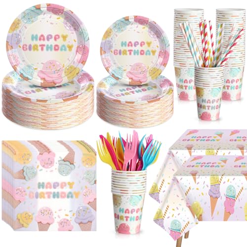 LOYIM 194 Pcs Ice Cream Birthday Party Decorations Supplies 24 Guest Disposable Dinnerware with Ice Cream Tablecloth Paper Plates Cup Napkin Plastic Fork Knives Spoon for Grow up Party Shower - Image 1