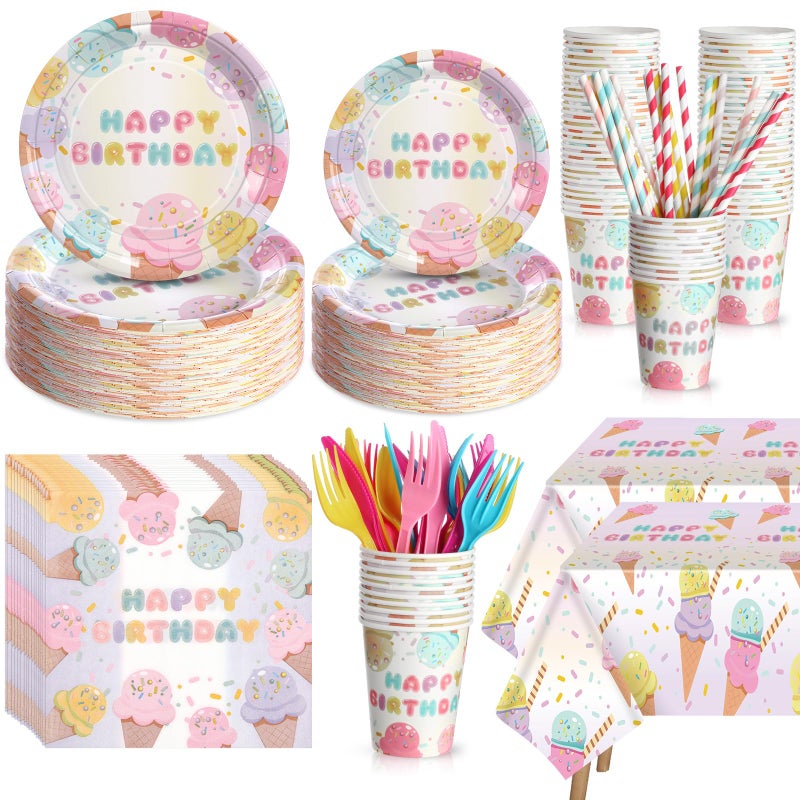 LOYIM 194 Pcs Ice Cream Birthday Party Decorations Supplies 24 Guest Disposable Dinnerware with Ice Cream Tablecloth Paper Plates Cup Napkin Plastic Fork Knives Spoon for Grow up Party Shower - Image 3