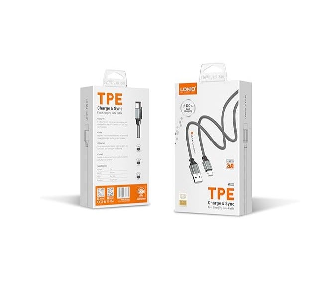كابلات هواتف محمولة TPE LS441، شحن سريع 2.4 أمبير، كابل USB من النوع C بطول 1 متر - رمادي