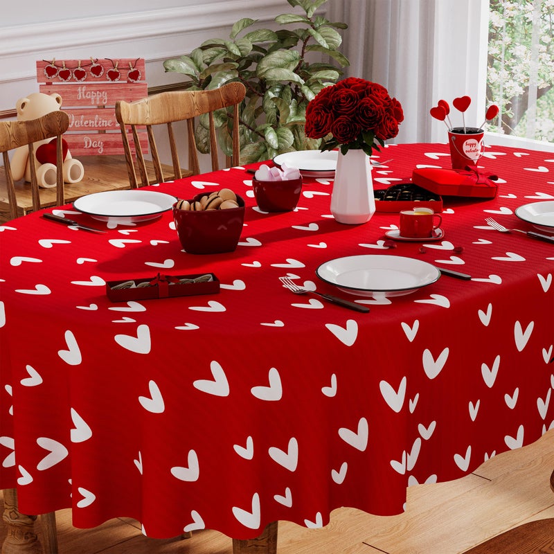 Siilues Valentines Tablecloth Oval 60x84 Inch, Washable Red Love Hearts Valentines Day Tablecloth Waterproof Dining Table Cloth Sweet Home Party Decorations - Image 1