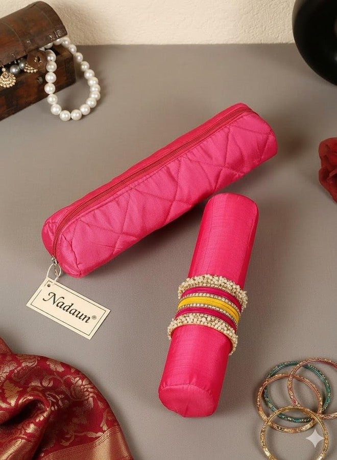 NadauN Rod Bangle Box | Polyester Watch Organizer for Small Jewellery | Travelling Bracelets Organizer with Zipper | Pack of 2 | Pink - Image 1