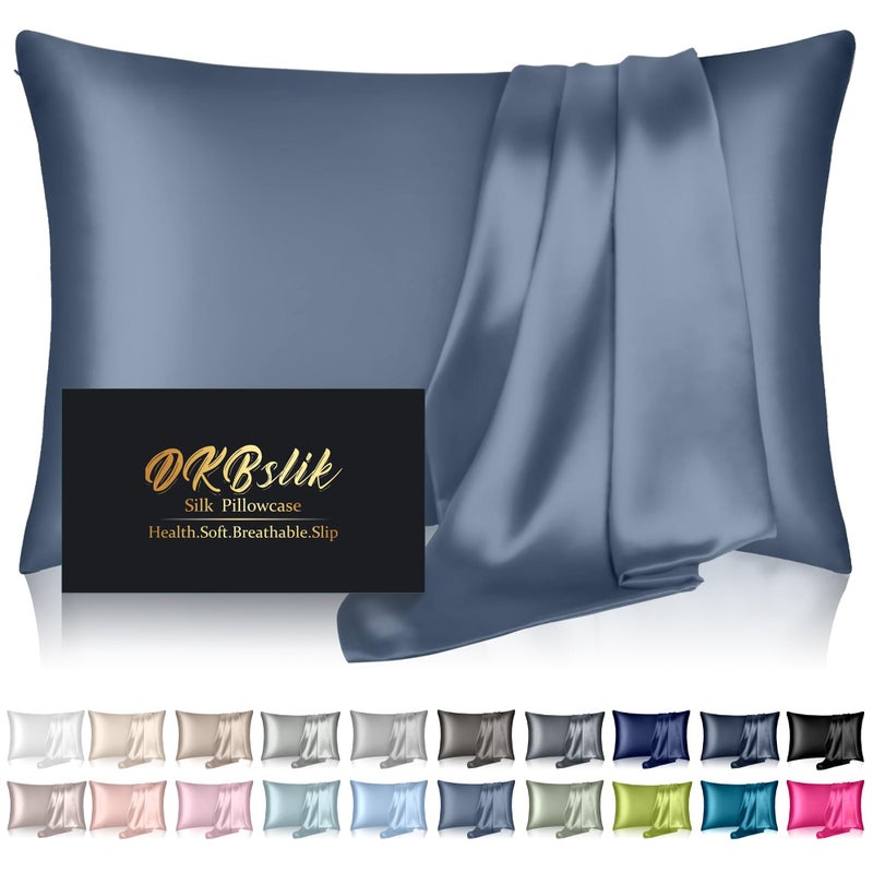 DKBslik Silk Pillowcase for Hair and Skin Mulberry Silk Pillow Cases Standard Size Anti Acne Cooling Sleep Both Sides Natural Silk Satin Pillow Covers with Hidden Zipper Gifts for Women Men Ash Blue 